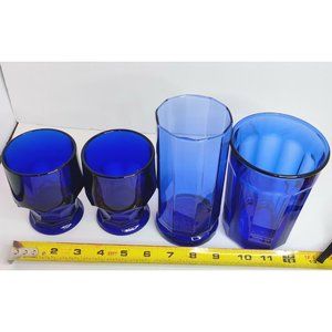 Collection of 4 Cobalt Blue Cups Vase Honeycomb 5 1/4"-6.25" Glasses Goblets